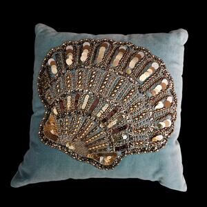 Pier 1 Beaded Decorative Throw Pillow Blue Green Shell Sequin Accent